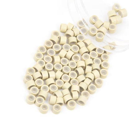 Picture of Vlasy 100Pcs 4mm Silicone Lined Micro Ring Beads for Hair Extensions 5Colors Apply (100Pcs Blonde)