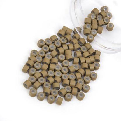 Picture of Vlasy 100Pcs 4mm Silicone Lined Micro Ring Beads for Hair Extensions 5Colors Apply (100Pcs Light Brown)