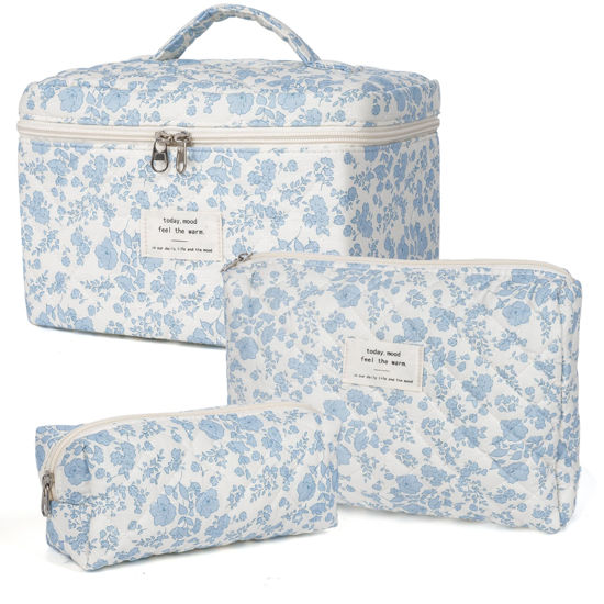 Picture of Makeup Bag,Quilted Cosmetic Bag,Large Floral Make Up Bag for Women,Cotton Makeup Bag Set,Flower Travel Toiletry Bag