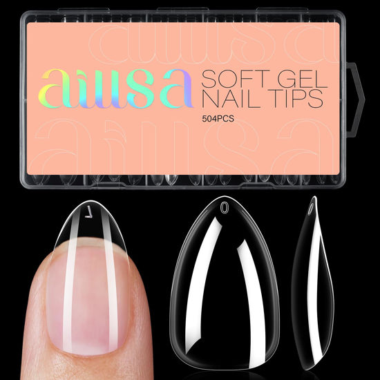 Picture of AILLSA Short Almond Nail Tips 504PCS Clear Full Cover Nail Tips Soft Gel Fake Nails Tips Preshaped Press on False Gelly Tips for Nail Extension DIY Home Salon Gift, 10 Sizes