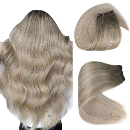Picture of [Exclusive] Sunny Sew in Hair Extensions Ombre Blonde Sew in Hair Extensions Real Human Hair Light Ash Brown to Blonde Highlights Platinum Blonde Double Weft Remy Human Hair Extensions 100g 16inch