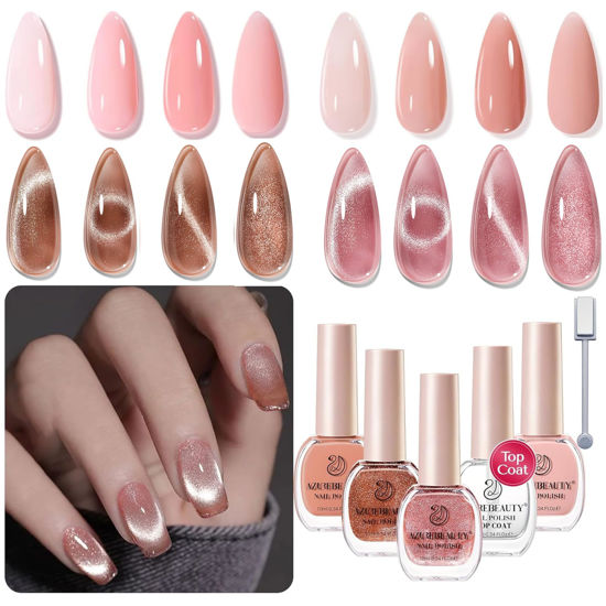 Picture of AZUREBEAUTY Cat Eye Nail Polish Set, 4 Colors Magnetic Nude Jelly Glitter Quick Dry Natural Vegan Fingernail Lacquer Strengthening Treatment Kit with Top Coat DIY Salon at Home