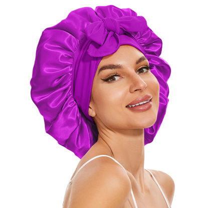Picture of Large Silk Bonnet for Sleeping, Satin Bonnet Hair Bonnet for Sleeping for Women Men with Tie Band Hair Wrap Shower Cap