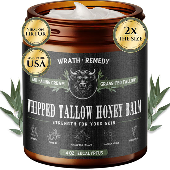 Picture of Wrath & Remedy Handmade Whipped Organic Beef Tallow for Skin - 4 OZ (Eucalyptus) - Grass Fed Beef Tallow Moisturizer and Honey Balm for Silky, Sensitive-Skin, Eczema, Rosacea - Free of Harsh Chemicals