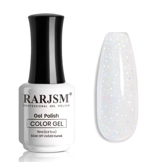 Picture of RARJSM Nude Milky White Gel Nail Polish Blue Tone Rainbow Glitter Chunky Iridescent Sparkle Shimmer Diamond Jelly Transparent Gel Polish Single Bottle Soak off UV LED Cured for Home Salon Manicure