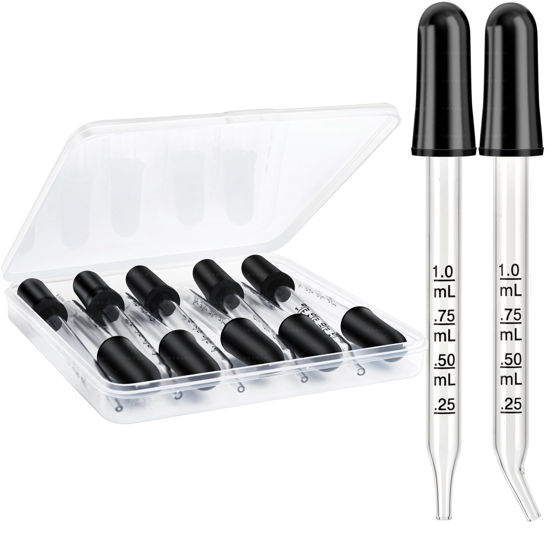 Picture of Herain Glass Eye Dropper Pipette 10 Pack, Ear Eye Dropper Bent & Straight Tips, 1 ml Droppers for Essential Oils, Lab, Health Care, Crafts, Measuring and Transferring a Variety of Liquids