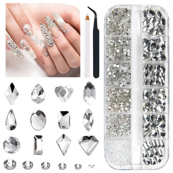 Picture of qiipii 2052 Crystal White Nail Art Rhinestones Crystal Clear Nail Charms 72 Multi Shapes Crystal Flatback Rhinestones Big Gems +1980 Round Beads K9 Glass Stones Diamonds Jewels for Nails Face Makeup