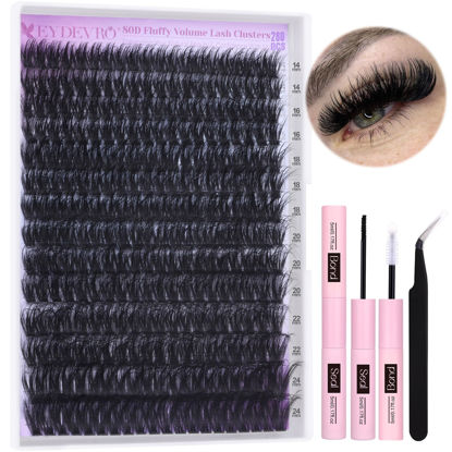 Picture of EYDEVRO Fluffy Lash Clusters Kit 14-24mm Long Lash Extension Kit 280 Pcs Eyelash Extension Kit Individual Lashes Kit Mega Volume Lash Clusters with Waterproof Lash Bond and Seal and Lash Tweezers