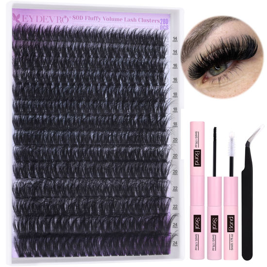 Picture of EYDEVRO Fluffy Lash Clusters Kit 14-24mm Long Lash Extension Kit 280 Pcs Eyelash Extension Kit Individual Lashes Kit Mega Volume Lash Clusters with Waterproof Lash Bond and Seal and Lash Tweezers