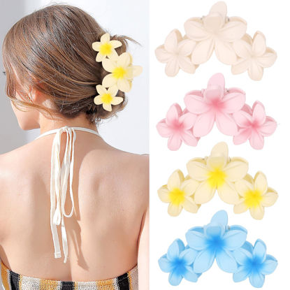 Picture of ANBALA 4PCS Flower Matte Claw Clips for Thick Hair - Large Plumeria Hair Accessories for Women, Summer Beach Hair Clips (Colorful)
