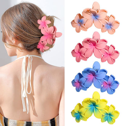 Picture of 4PCS Plumeria Hair Clips for Thick Hair - Large Hawaiian Claw Clips with Strong Hold and Non-Slip Grip (Colorful)