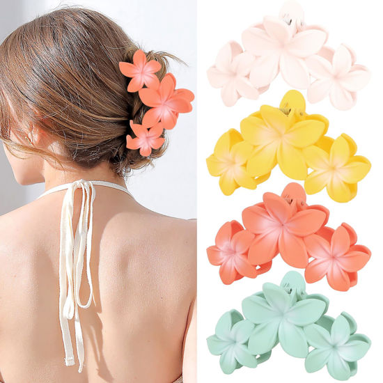 Picture of ANBALA 4PCS Flower Hair Accessories: Colorful Hawaiian Plumeria Claw Clips for Thick Hair - Large, Non-Slip, Strong Hold Beach Clips