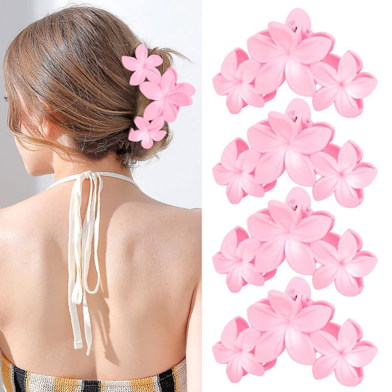 Picture of ANBALA 4PCS Flower Hair Clips, Tropical Plumeria Hair Clips for Women, Large Non-Slip Strong Hold Claw Clips, Beach Hair Accessories, Pink (4 Count)