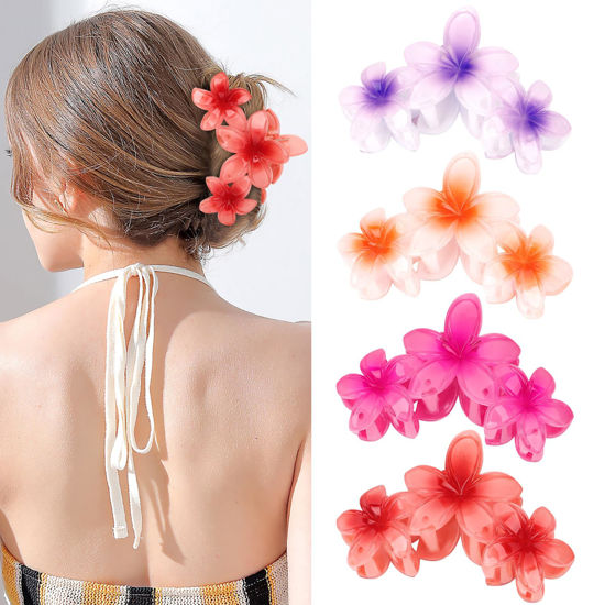 Picture of ANBALA 4PCS Hair Clips Flower Hair Clips for Women Large Hair Claw Clips for Thick Hair Strong Hold Non-slip Hawaii Flower Hair Clips Plumeria Hair Clips for Women Girls (Colorful)