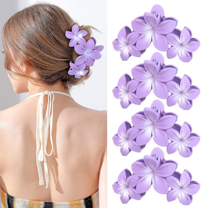 Picture of ANBALA Hair Clip, 4PCS Flower Design Plumeria Hair Clips, Large Non-Slip Strong Hold Claw Clips for Thick Hair, Beach Hair Accessories for Women Girls (Purple)