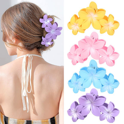 Picture of 4PCS Hawaiian Plumeria Large Claw Clips for Women - Non-Slip Strong Hold Flower Hair Clips for Thick Hair (Colorful)