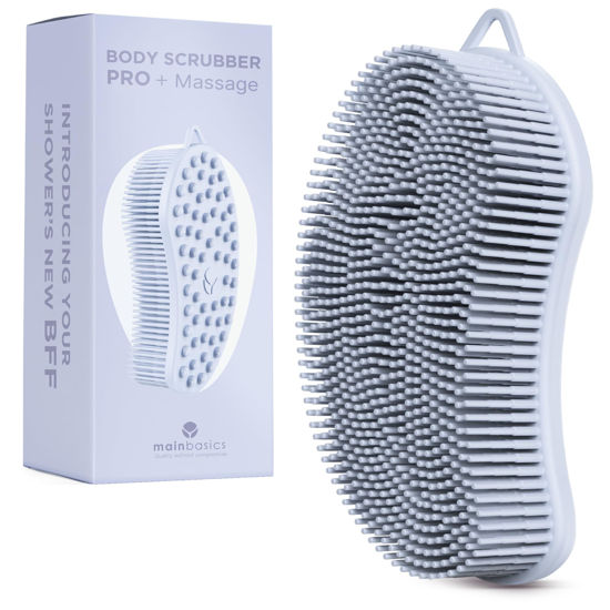 Picture of MainBasics Exfoliating Silicone Body Scrubber Pro 2-in-1 Shower Scrubber for Body, Silicone Loofah and Body Massager (Light Blue, Body + Massage)