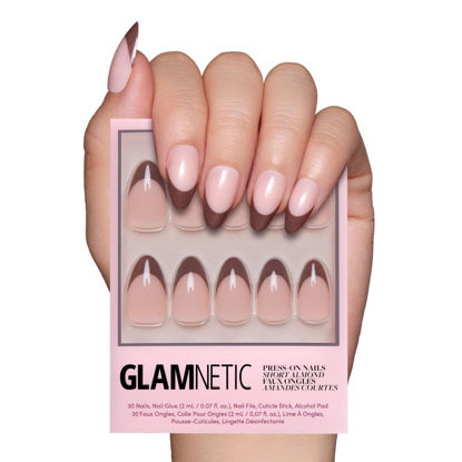 Picture of Glamnetic Press On Nails - Chocolat | Semi-Transparent Dark Brown French Tip Short Almond False Nails, Reusable Stick On Fake Nails with Glue | Salon Quality | 15 Sizes - 30 Nail Kit