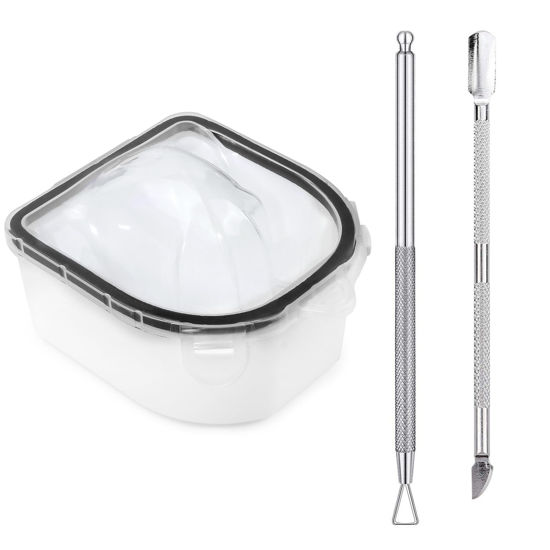 Picture of Nail Soaking Bowl, Soak Off Gel Polish Dip Powder Remover Hand Acetone Nail Soak Off Bowl Manicure Bowl with Triangle Cuticle Peeler and Stainless Steel Cuticle Pusher Nail Art Tool (Black-3PCS Set)