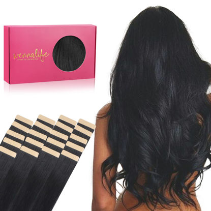 Picture of WENNALIFE Tape in Hair Extensions Human Hair, 20pcs 50g 22 inch Jet Black Remy Hair Extensions Straight Human Hair Tape in Extensions Skin Weft Tape Extensions Human Hair
