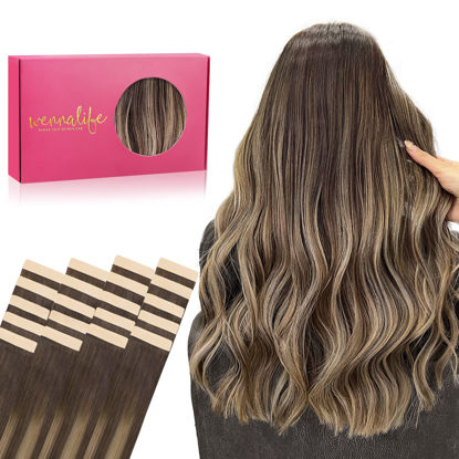 Picture of WENNALIFE Tape in Hair Extensions Human Hair, 20pcs 18 inch 50g Balayage Chocolate Brown to Honey Blonde Remy Tape Hair Extensions Real Human Hair Tape Extensions Coloured Hair Extensions