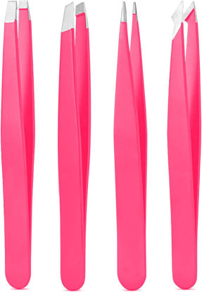 Picture of Tweezers Set, High Precision Stainless Steel Eyebrow Tweezers for Facial Hair, Inward Growing Hair and Splinter Remover Kit, Suitable for Women and Men, 4-Piece Set. (pink)