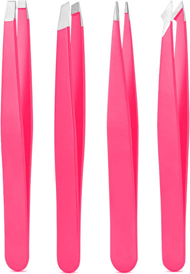 Picture of Tweezers Set, High Precision Stainless Steel Eyebrow Tweezers for Facial Hair, Inward Growing Hair and Splinter Remover Kit, Suitable for Women and Men, 4-Piece Set. (pink)