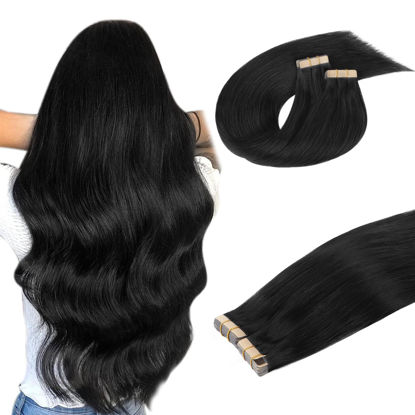 Picture of DOORES Human Hair Extensions, Jet Black 20 Inch 100g 40pcs, Tape in Hair Extensions Skin Weft Seamless Tape in Hair Extensions Remy Straight Hair for Women