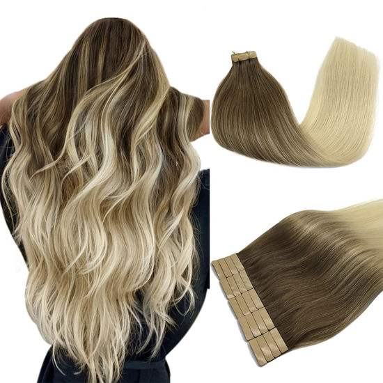 Picture of DOORES Tape in Human Hair Extensions Remy Ombre Ash Brown to Platinum Blonde 50g 20pcs 24 Inch Hair Extensions Tape in Natural Hair Extensions Straight