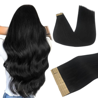 Picture of DOORES Hair Extensions Tape ins, Jet Black 24 Inch 50g 20pcs, Human Hair Extensions Tape in Straight Remy Hair Long Hair Extensions Invisible Tape Skin Weft