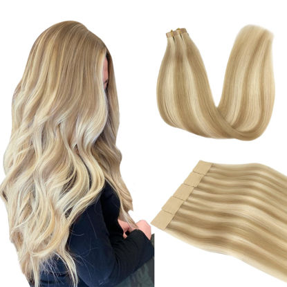 Picture of DOORES Tape in Hair Extensions, Dark Blonde Highlighted Bleach Blonde 20 Inch 50g 20pcs, Human Hair Extensions Tape in Straight Natural Hair Remy Natural Hair