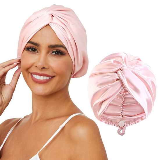 Picture of HFRHTGY Adjustable Silk Satin Hair Bonnet for Sleeping, Double Layer Hair Wrap Sleep Cap Turban for Women Men, Curly Straight Long Large Braid Unisex (Royal Pink)