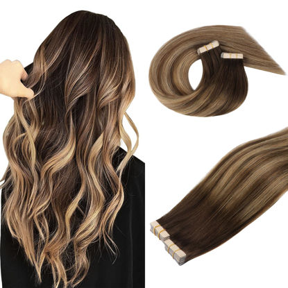 Picture of DOORES Tape in Hair Extensions Human Hair, Balayage Chocolate Brown to Caramel Blonde 18 Inch 100g 40pcs, Hair Extensions Tape in Seamless Straight Real Remy Hair