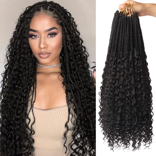 Picture of Goddess Box Braids Crochet Hair With Curly Ends 8 Inch Bohomian Box Braids Crochet Braids 8 Packs Crochet Braids Synthetic Braiding Hair Extension for Black Women (24 Inch (Pack of 8), #2)………