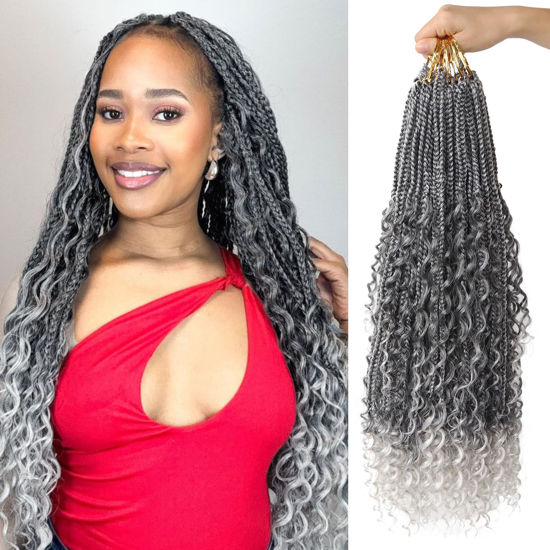 Picture of Goddess Box Braids Crochet Hair With Curly Ends 24 Inch Bohomian Box Braids Crochet Braids 8 Packs Crochet Braids Synthetic Braiding Hair Extension for Black Women (24 Inch (Pack of 8), T-Grey)………