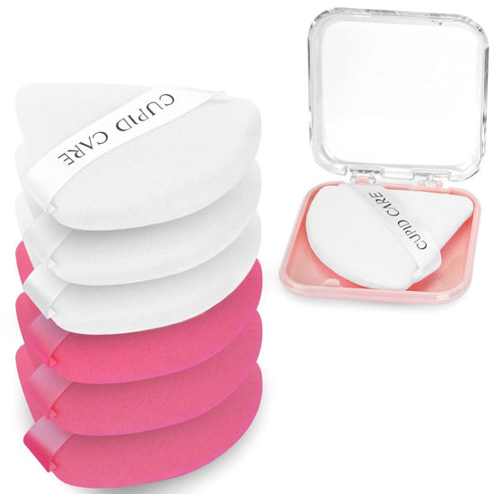 Picture of CUPID CARE 6 Pcs Powder Puff with 2 Travel Cases, Setting Powder Puffs for Face Powder and Foundation, Velour Makeup Puff for Loose Powder Body Powder, Skin-Friendly, Beauty Makeup Tools-White/Red