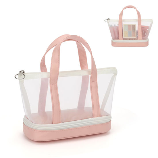 Picture of Small Multi-Functional Makeup Bag for Teens and Women Cute Cosmetic Case with Zipper Pouch/Double Handle for Travel Daily Use Multi-Scene Storage - Perfect Christmas or Birthday Gift for Girls - Pink
