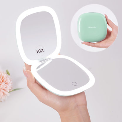 Picture of Mocado Compact LED Travel Makeup Mirror - 4 Inches 1X/10X Magnification Travel Mirror with Light Dimmable Double Sides Lighted USB Rechargeable Compact Mirror for Purse,Pocket,Travel(Powdery Green)
