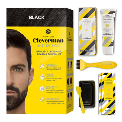 Picture of CLEVERMAN Black Hair & Beard Dye for Men, All-in-One Reusable Kit - Natural-Looking Gray Coverage, Professional-Quality, Ammonia-Free, 3.38 Fl Oz (1 Pack), Black, Suitable for Black Hair