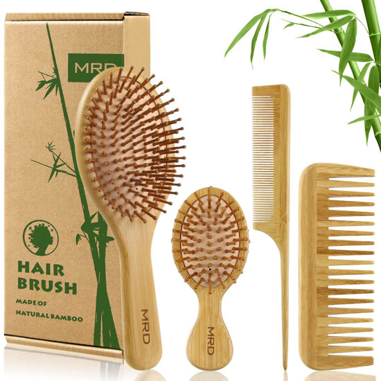 Picture of MRD Hair Brush Set, Natural Bamboo Comb Paddle Detangling Hairbrush, Wide-tooth and tail comb No Bristle, suit for Women Men and Kids Thick/Thin/Curly/Dry Hair Gift kit