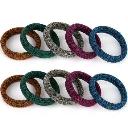 Picture of BAOLI 100PCS Seamless Hair Ties, Soft Ponytail Holders, Nylon Thick Hair Ties Bands, Large Hair Elastic Holder No Damage for Heavy Hair, 2 Inch in Diameter, 5 Colors with Gold Thread