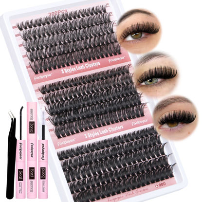 Picture of Focipeysa Eyelash Extension Kit 300pcs Lash Extensions 50D 70D 90D Eyelash Extension Fluffy Volume Lash Clusters 10-16mm DIY Lash Extension with Waterproof Lash Bond and Seal for Makeup