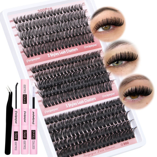 Picture of Focipeysa Eyelash Extension Kit 300pcs Lash Extensions 50D 70D 90D Eyelash Extension Fluffy Volume Lash Clusters 10-16mm DIY Lash Extension with Waterproof Lash Bond and Seal for Makeup