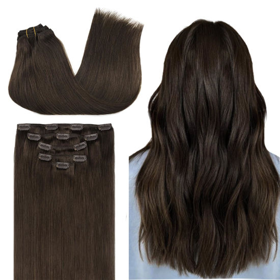 Picture of DOORES Clip in Hair Extensions Human Hair, 80g 5pcs Light Dark Brown 18 Inch Human Hair Extensions Clip in Remy Hair Extensions Natural Straight