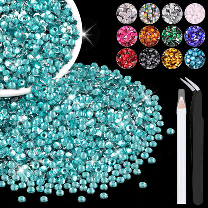 Picture of 5000PCS 3mm Resin Rhinestones in Bulk (Lake Blue/Aquamarine), Bedazzling Flatback Crystals for Crafts DIY Nail Decoration, Gems Charms for Tumbler Shoes Clothing Fabric with Pickup Pen and Tweezers
