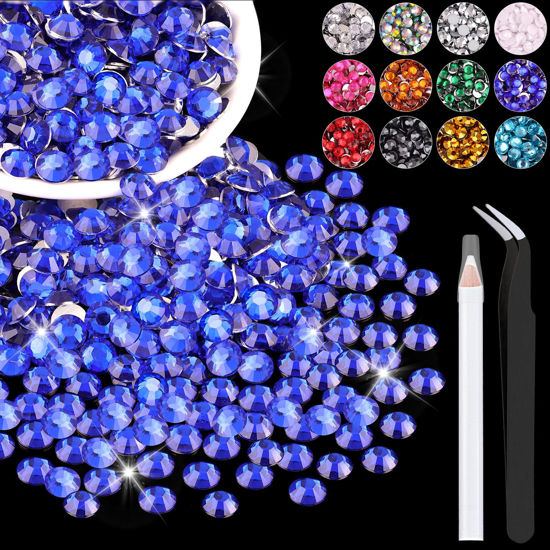 Picture of 1200PCS 6mm Resin Rhinestones in Bulk (Royal Blue), Bedazzling Flatback Crystals for Crafts DIY Nail Decoration, Gems Charms for Tumbler Shoes Clothing Fabric with Pickup Pen and Tweezers