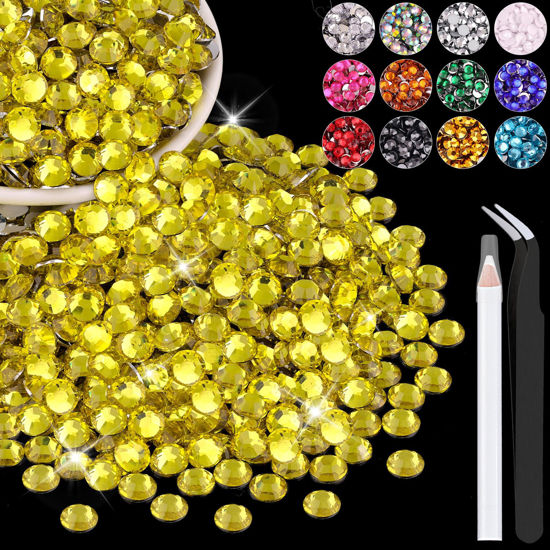 Picture of 2500PCS 5mm Resin Rhinestones in Bulk (Lemon Yellow), Bedazzling Flatback Crystals for Crafts DIY Nail Decoration, Gems Charms for Tumbler Shoes Clothing Fabric with Pickup Pen and Tweezers