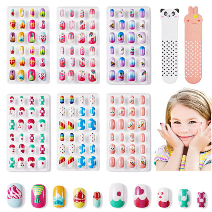Picture of Modelones Press on Nails for Kids 144Pcs 6 Pack Children Acrylic Fake Nails Pre-glue Full Cover Glitter Gradient Color Rainbow Candy Short False Nail Art Kits Sets Christmas Day Gifts for Kids Girls
