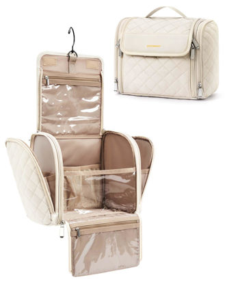 Picture of BAGSMART Toiletry Bag Travel Makeup Bag with Hanging Hook, Cosmetic Bag Make Organizer Case, Large Capacity Water-resistant Organizer for Toiletries Accessories Brushes Sponge, Beige