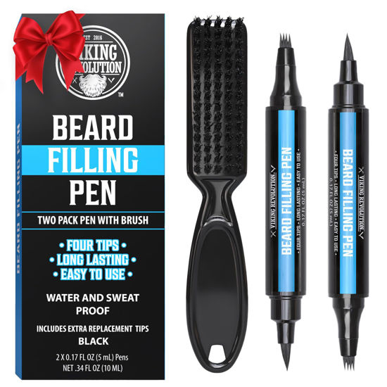 Picture of Viking Revolution Beard Pen (2 Pack) - Black Beard Pencil Filler for Men Lapiz para Barba de Hombre - Beard Filler for Men Waterproof Beard Filling Pen Kit - Long Lasting Beard Filler Pen with Brush